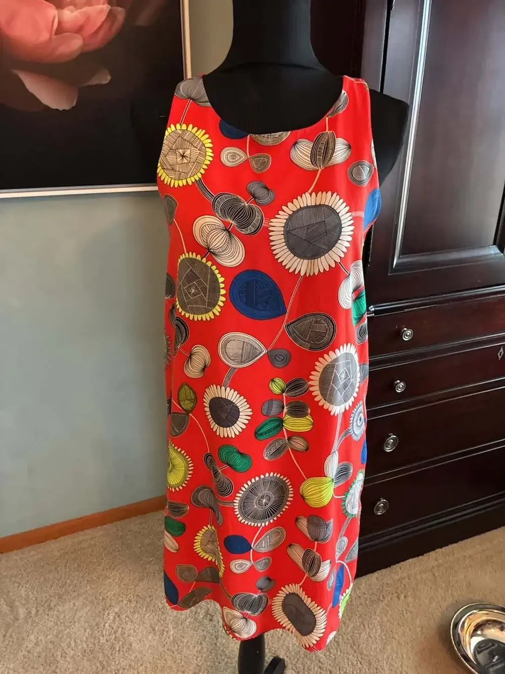Teenflo Red Abstract Floral Print Sleeveless Shift Dress SzXL S A678